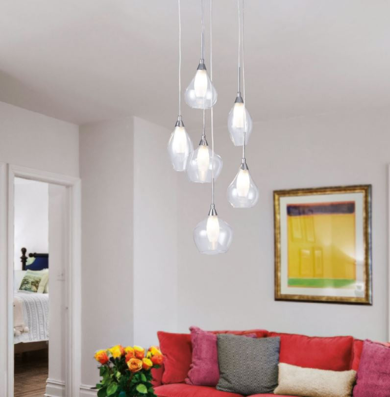 Sospensione in vetro trasparente e bianco satinato struttura in metallo cromo 6XG9 non incl. SKYLINE/S6 Sospensione in vetro trasparente e bianco satinato struttura in metallo cromo 6XG9 non incl. SKYLINE/S6